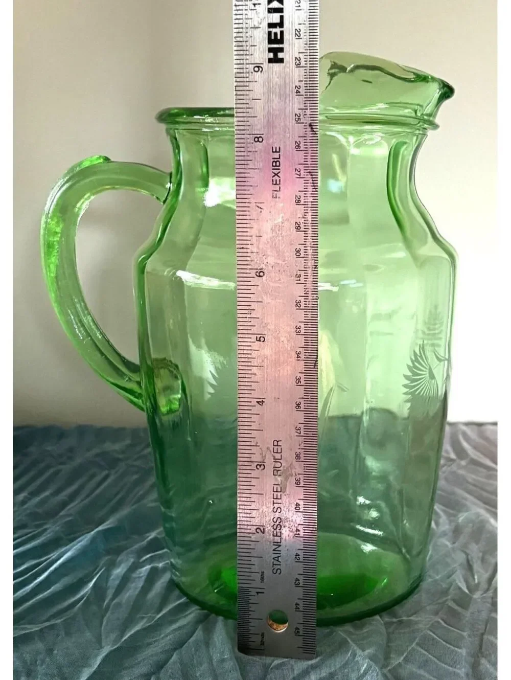 Vintage Uranium Glass Pitcher Green Etched Floral UV Reactive Depression Era